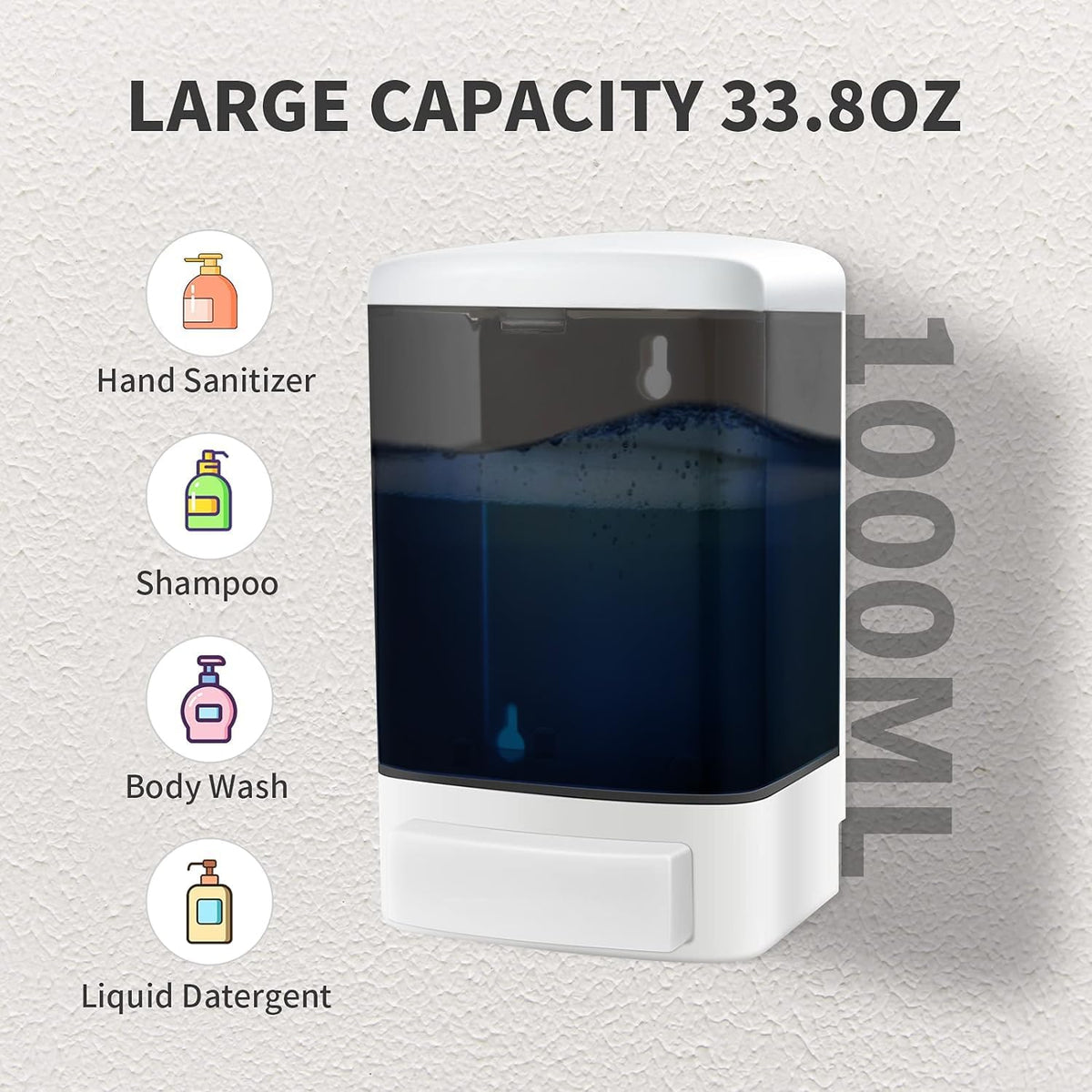 Manual Soap Dispenser 33oz Wall Mount Hand Soap Dispenser for Bathroom, Kitchen, Hotel & Restaurant Commercial Refillable Shampoo & Conditioner Dispenser for Liquid Gel