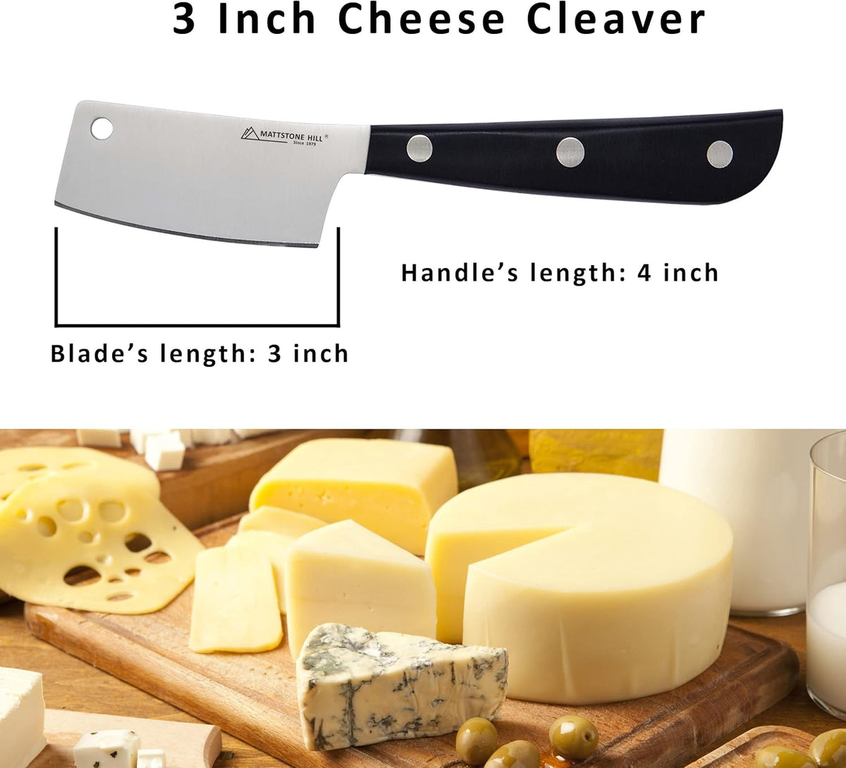 Cheese Knife - MATTSTONE HILL Cheese Cleaver, Hard Cheese Cutter, Premium Stainless Steel, Black Handle