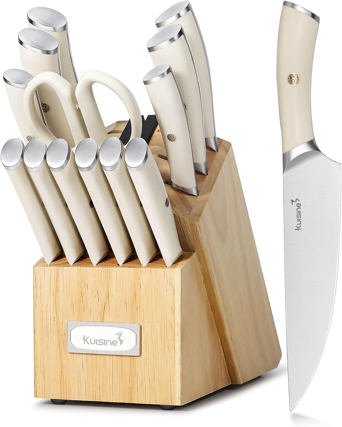 Kuisine Chef Knife Set,High Carbon Stainless Steel Block Knife Set,Knife Block Set with Built-in Sharpener,Sharp Knife Set Forged,Elegant Gift(Ivory,15pcs）