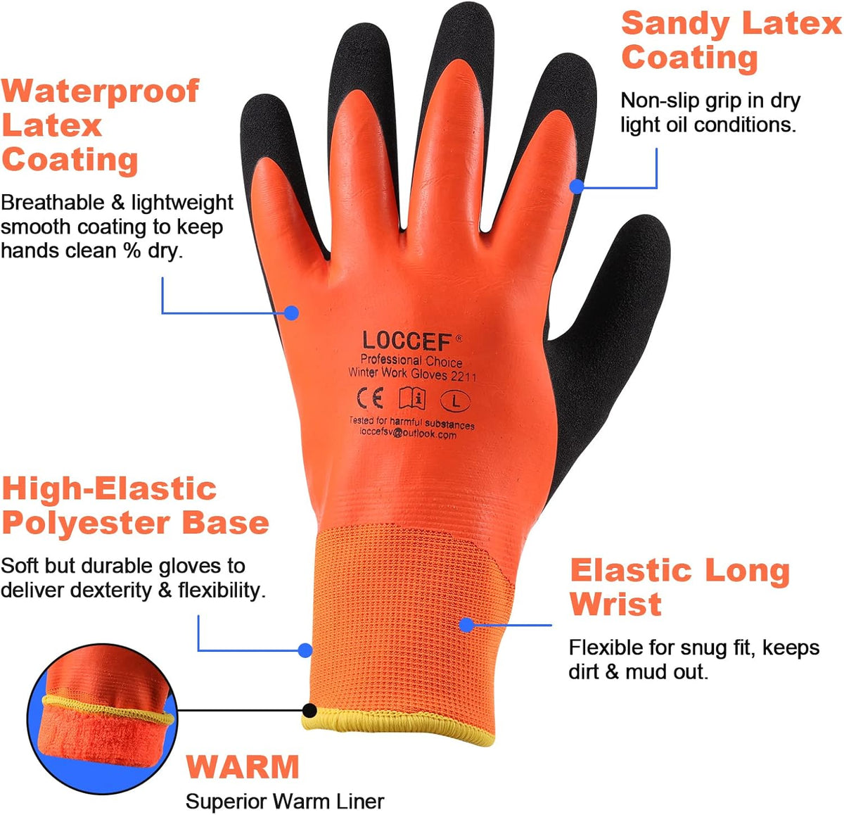 LOCCEF 2 Pairs 100% Waterproof Winter Gloves,Winter Work Gloves Thermal Liner Grip Coating Warm,Thermal Insulated,Super Grip