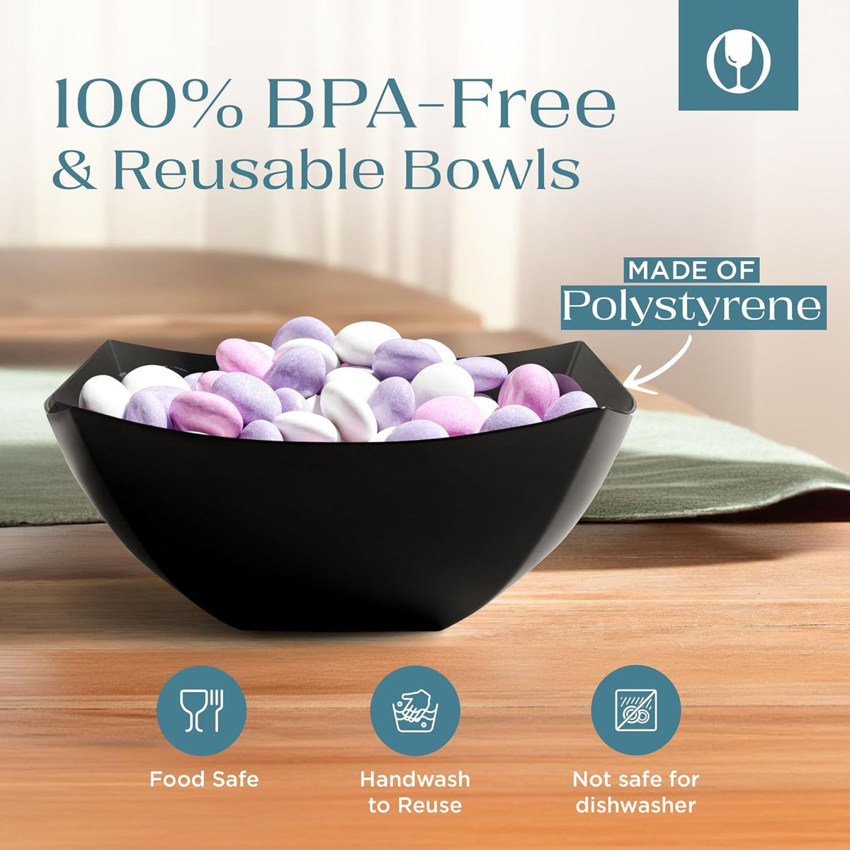 Posh Setting - Black Plastic Serving Bowls (16oz - 4 Pack) Square, Disposable, Salad & Fruit Bowls for Party Table, Candy Containers for Candy Buffet