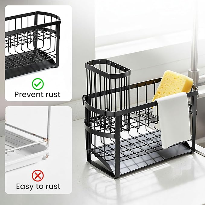 Kitchen Sink Organizer Caddy, 2 Tier Sink Caddy Organizer with High Brush Holder, Rust-Proof Countertop Rack (Black 10.6 * 4.3 * 5.7") for Kitchen Accessories & Dish Brushes