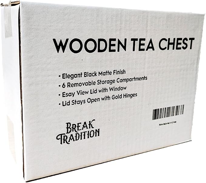 Break Tradition Wooden Tea Organizer For Tea Bags - 6 Compartments, Clear Top Window, Lid Stays Open (Black)