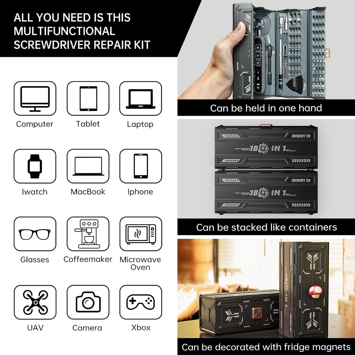 Small Electric Screwdriver Set, JAKEMY Smart 3 Torque Cordless Screwdriver Kit, Compact Power Screwdrivers with 160 Precision Bits for Computer, Laptop, iPhone, PS5, Xbox, Watch, Jewelry, Eyeglasses