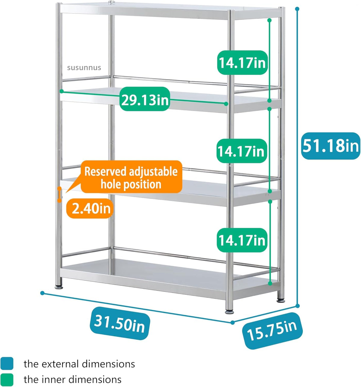 susunnus Stainless Steel Shelves 4 Tier Storage Shelves for Kitchen Garage Shelves Heavy Duty Shelving Metal Shelving Units and Storage Kitchen Industrial Storage Rack(with Guardrails)