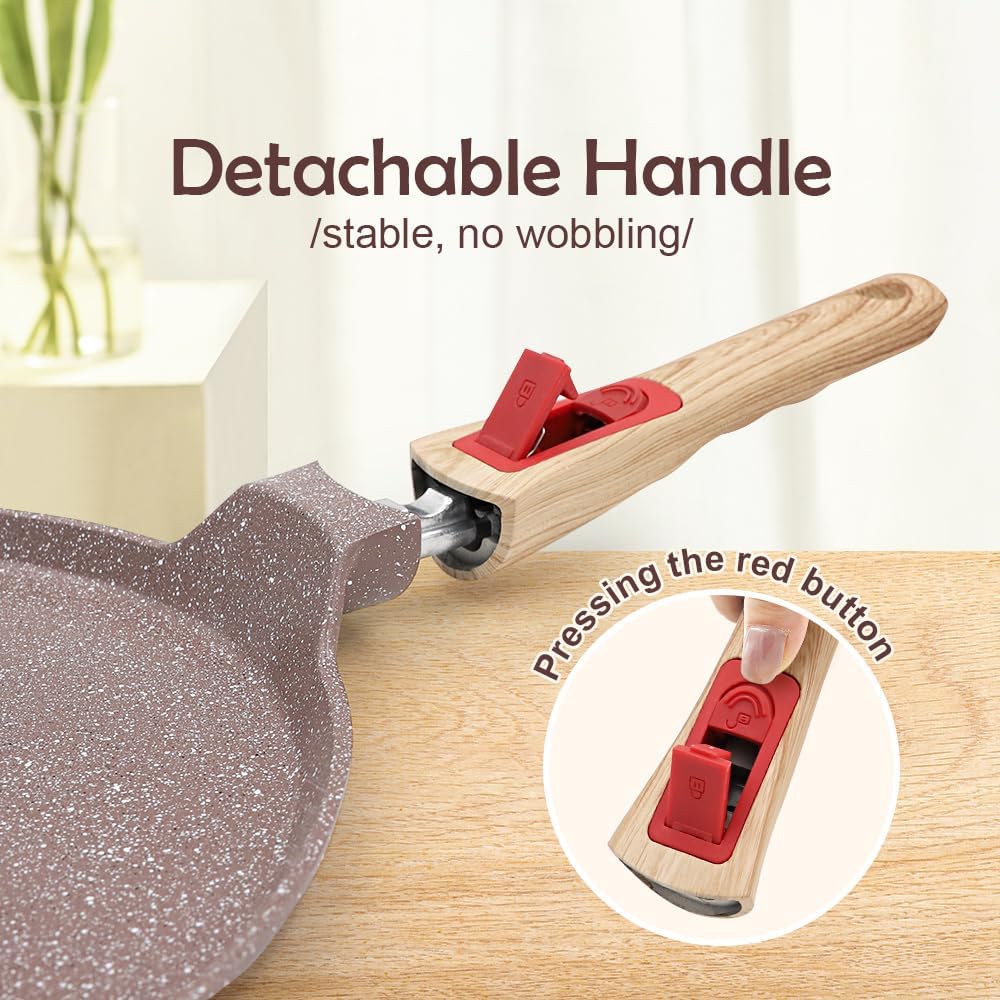 Ceramic Crepe Pan 12 Inch, Nonstick Dosa Pan Pancake Pan with Detachable Handle Round Griddle - Brown