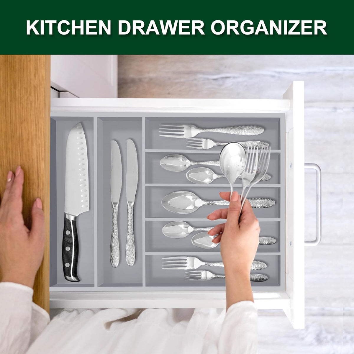 Bellsal Grey Utensil Organizer 12.5 Inch Silverware Tray for Drawer Utensil Holder Cutlery Organizer Kitchen Drawer Organizer 7 Compartment Small Narrow Bamboo