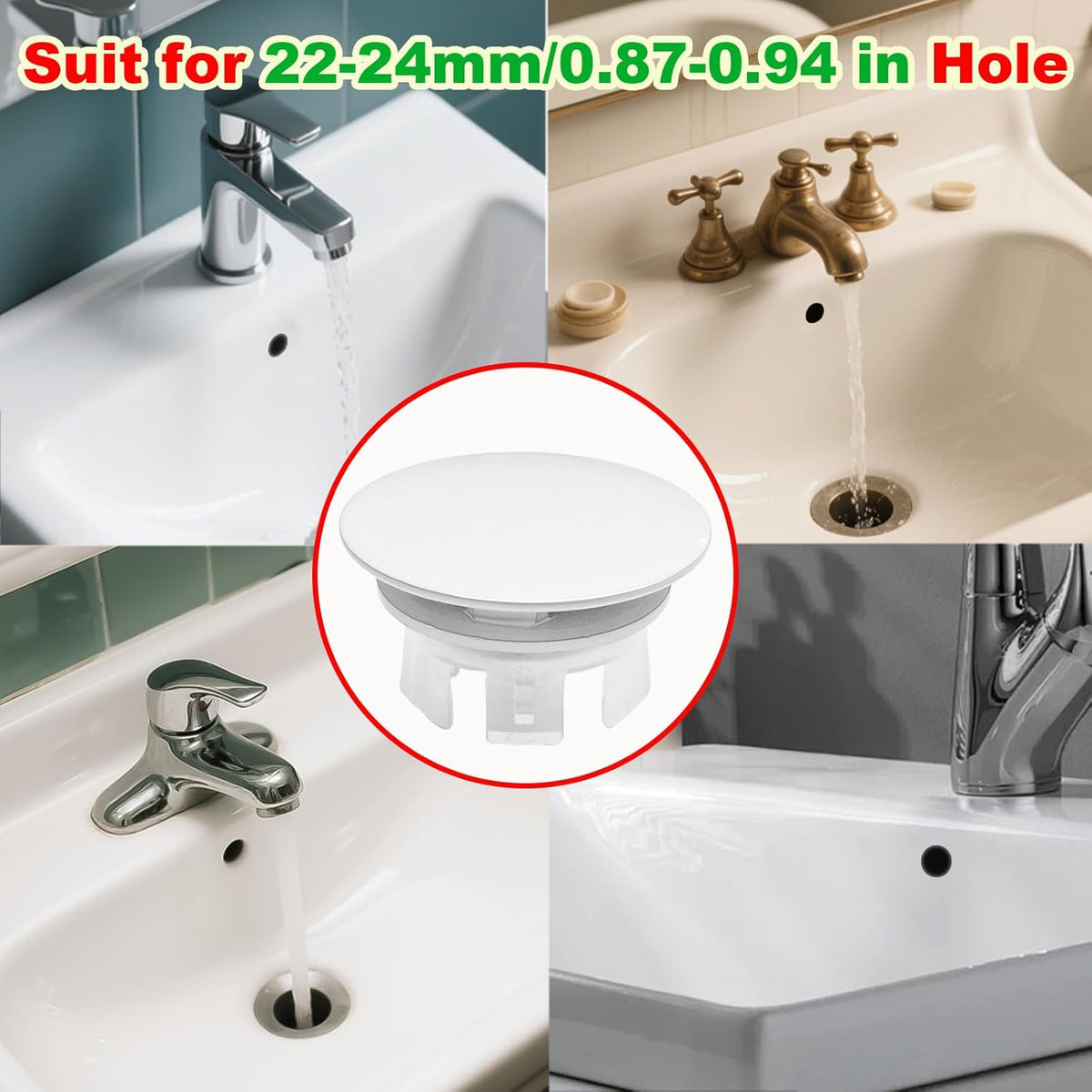 2 Pack Sink Basin Overflow Trim Ring,Solid Brass Bathroom Sink Trim Overfollow Cover,Sink Trim Overflow Cover Insert in Hole Round Caps or Kitchen Bathroom(White)