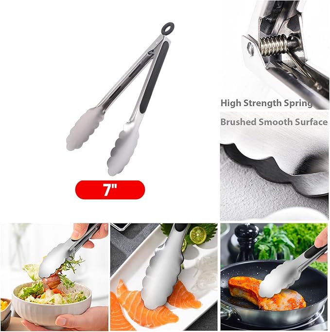 7" Small Kitchen Tongs Set of 3, Stainless Steel Ice Tongs Food Tongs, Mini Serving Tongs for Appetizers, Salad, Buffet (7", 3PCS)