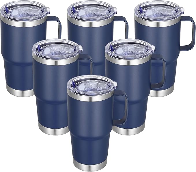 20 oz Stainless Steel Tumbler with Handle Bulk Metal Insulated Tumblers Travel Coffee Mug with Handle Double Wall Tumbler Cup with Lid and Straw, Navy 6 Pack