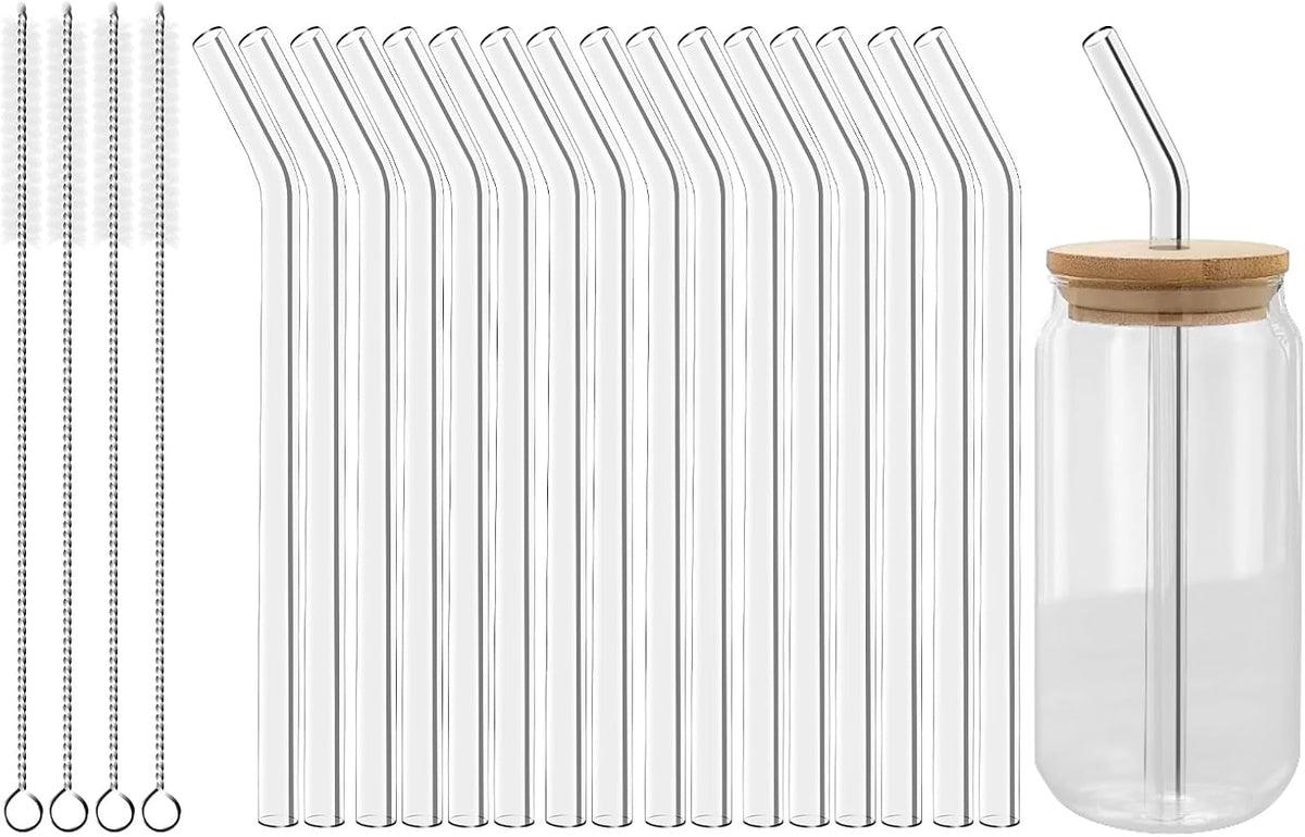 Lazycorner Reusable Glass Straws Set 16 Pcs 8.5''x 10MM Bent Clear Glass Drinking Straws, Set of 16 Bent with 4 Cleaning Brushes. Reusable Straws Perfect For Smoothies, Tea, Juice-Clear Cocktail.