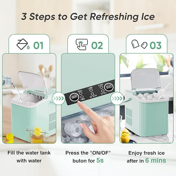 DUMOS Ice Makers Countertop with Handle Ice Machine, Fast in 6 Mins, 26lbs in 24 Hours, Quiet Self-Cleaning, Compact Size Portable for Home, Kitchen, RV, Camping,Modern Green