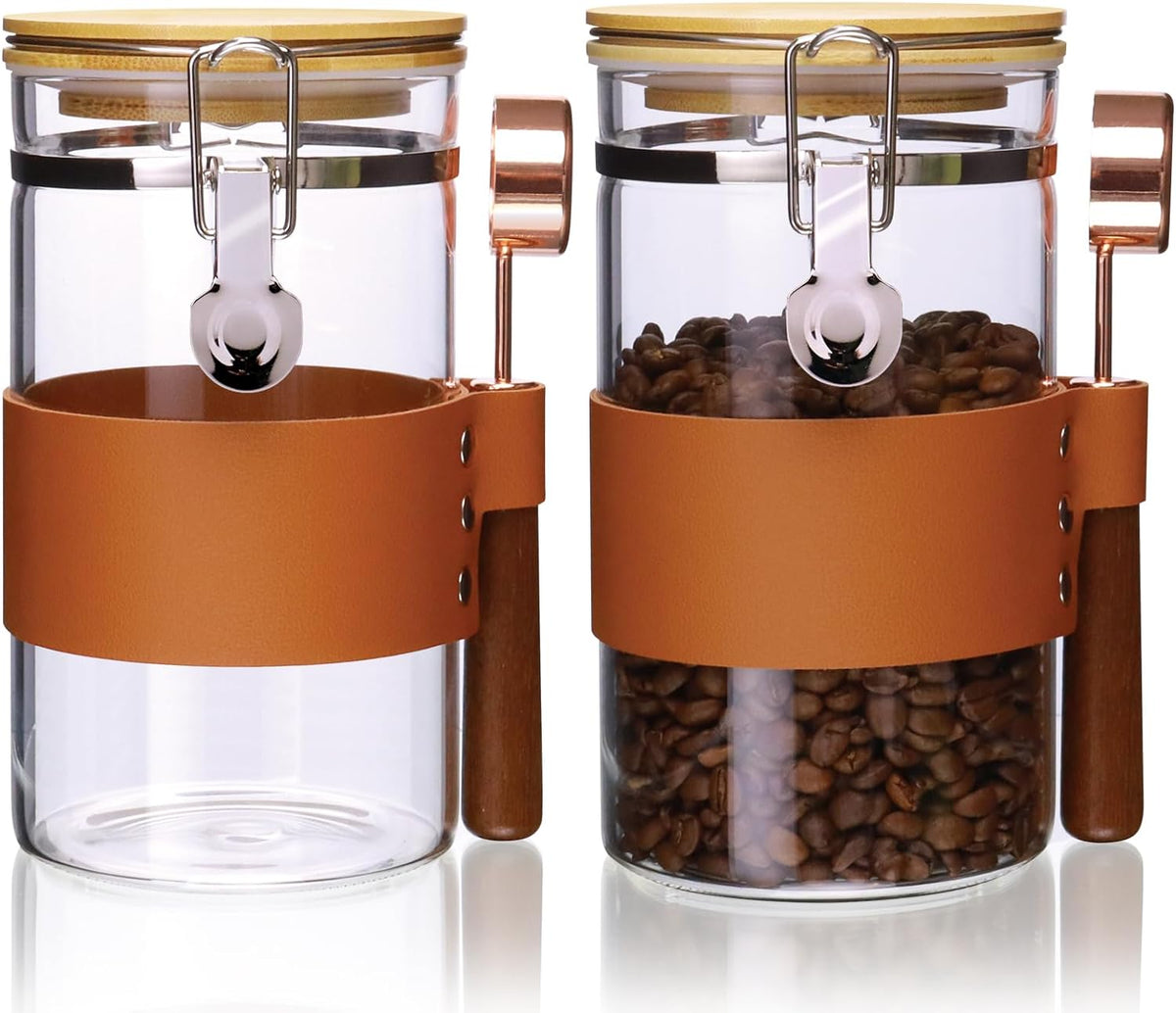Glass Storage Jars with Spoon, Kitchen Food Storage jars with spoon, Glass Coffee Nuts Canister with Bamboo Lids, Scoop for Coffee Bean, Ground Coffe,Nuts, Cookie, Flour (40OZ×2)