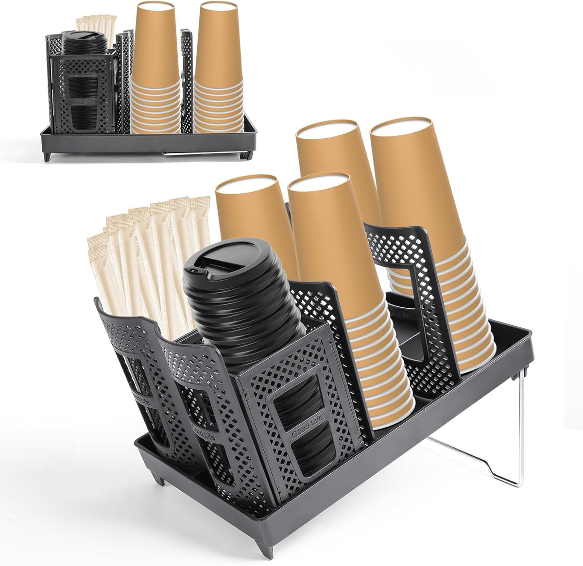 6 Slots Coffee Cup Holder for Countertop - Disposable Cup Holder with Foldable Stand, Paper Cup Dispenser with Mesh Baske for Coffee Station, Bar, Office, Home, Restaurant, Black