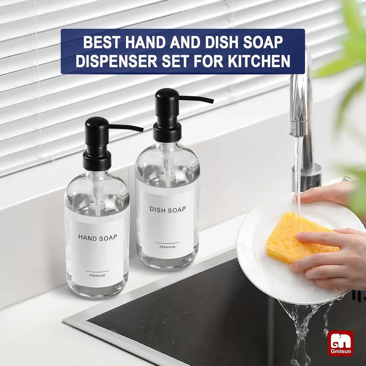 GMISUN Glass Soap Dispenser with Pump, 2 Pack Clear Bathroom Hand Soap Dispenser with Stainless Steel Pump, 16 Oz Refillable Kitchen Hand and Dish Soap Dispensers Set, Modern Liquid Pump Bottles