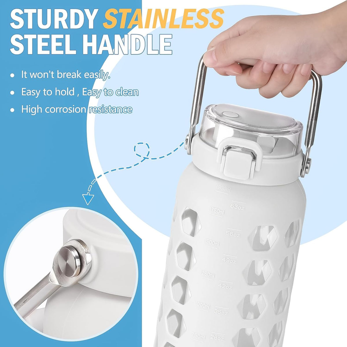 MUKOKO 64oz Glass Water Bottles with Straw and Lid,Half Gallon Water Bottle with Time Marker,Large Glass Water Jug with Silicone Sleeve and Stainless Steel Handle-White