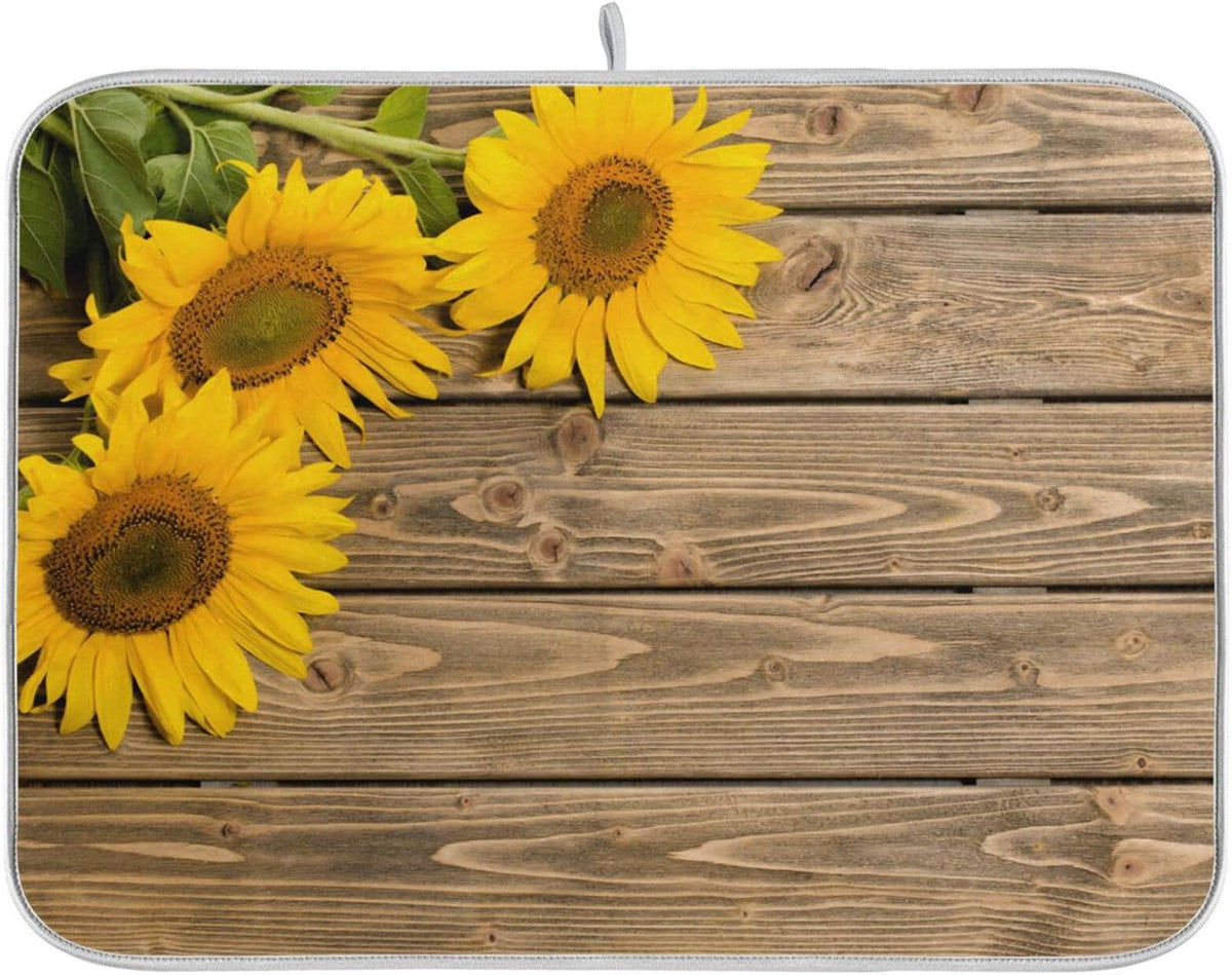 Super Absorbent Dish Drying Mat, Microfiber Fast-Drying Dish Mat, 16" x 18", Kitchen Dish Drying Pad, Sunflowers On The Wooden