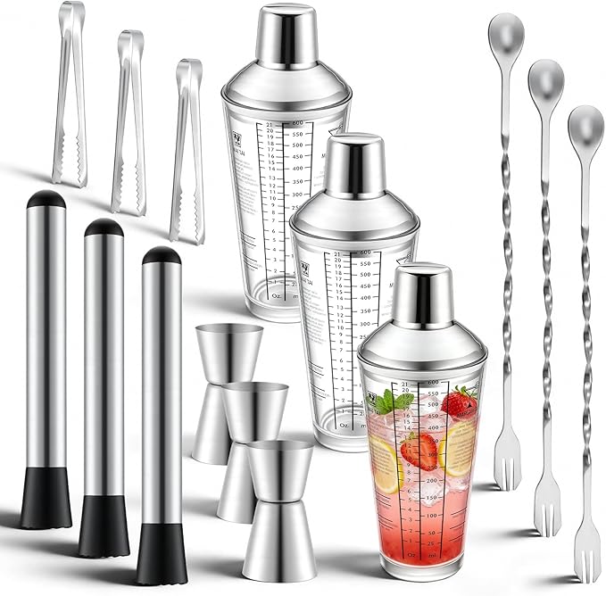 3 Pack Glass Cocktail Shaker Set, 23oz Bartender Kit with Built-in Strainer, Ice Tongs, Measuring Jigger, Muddler & Mixing Spoon, Professional Bar Tools for Home Bartending & Mixology