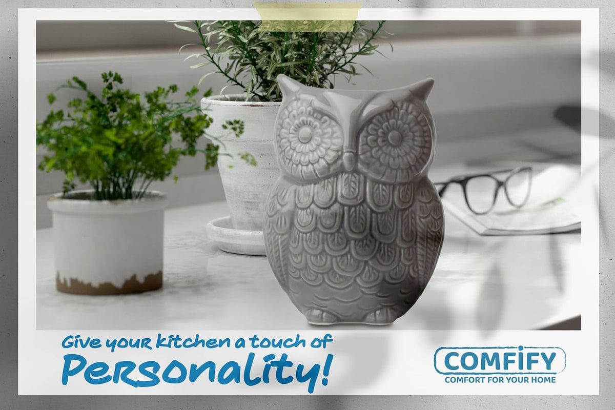 Owl Utensil Holder Decorative Ceramic Cookware Crock & Organizer, in Lovely Grey Color - Utensil Caddy and Perfect Kitchen Ceramic Decor Gift - 5" L x 7" H x 4" W