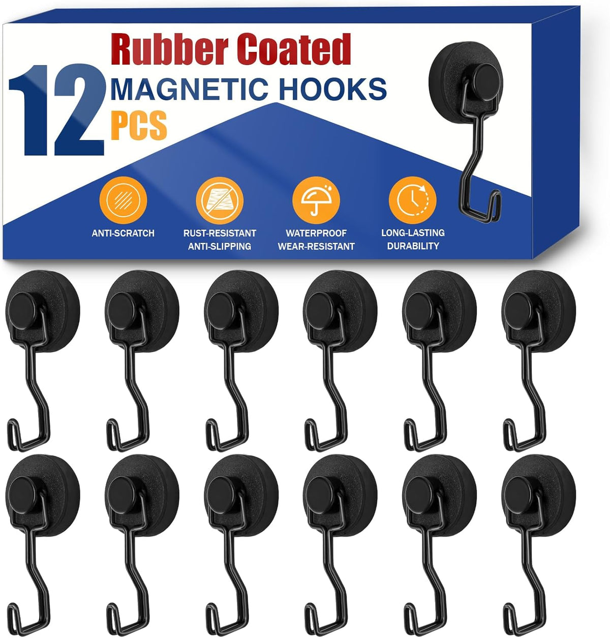 Heavy Duty Magnetic Hooks for Grill, Refrigerator & BBQ – 12-Pack Strong Rare Earth Magnet Hooks for Hanging Grill Tools, Towels & Outdoor Camping Accessories