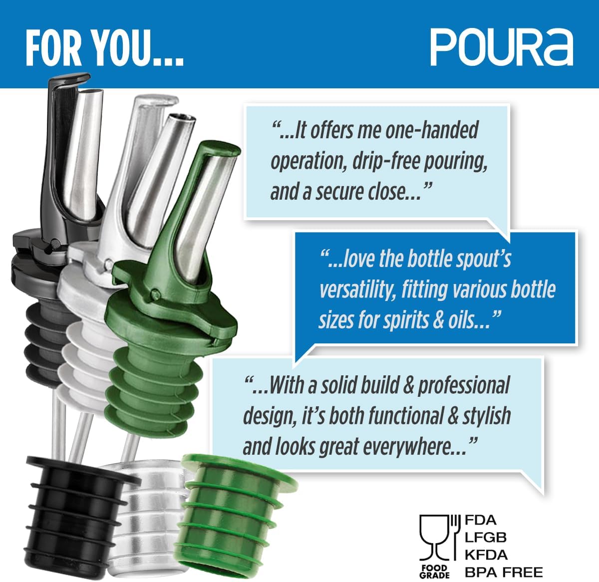 3-in-1 Liquor Pour Spout | Olive Oil Spout with Built-in Caps for Optimal Fly and Dust Protection - Dishwasher Safe, Hygienic Alcohol Speed Spouts - Black 2 PCs with 2 Adapters for Large Neck Bottles