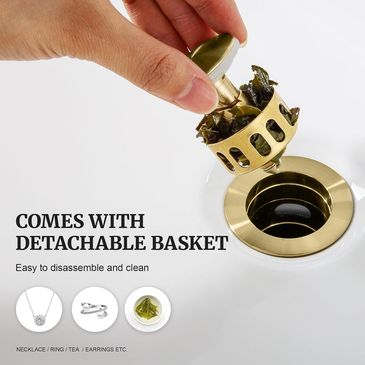 Pop up Sink Drain Stopper for Bathroom Vessel Vanity Sink Art Basin Brushed Gold, Small Cap with Overflow, Metal Pop-up Drain Strainer with Detachable Basket Stopper