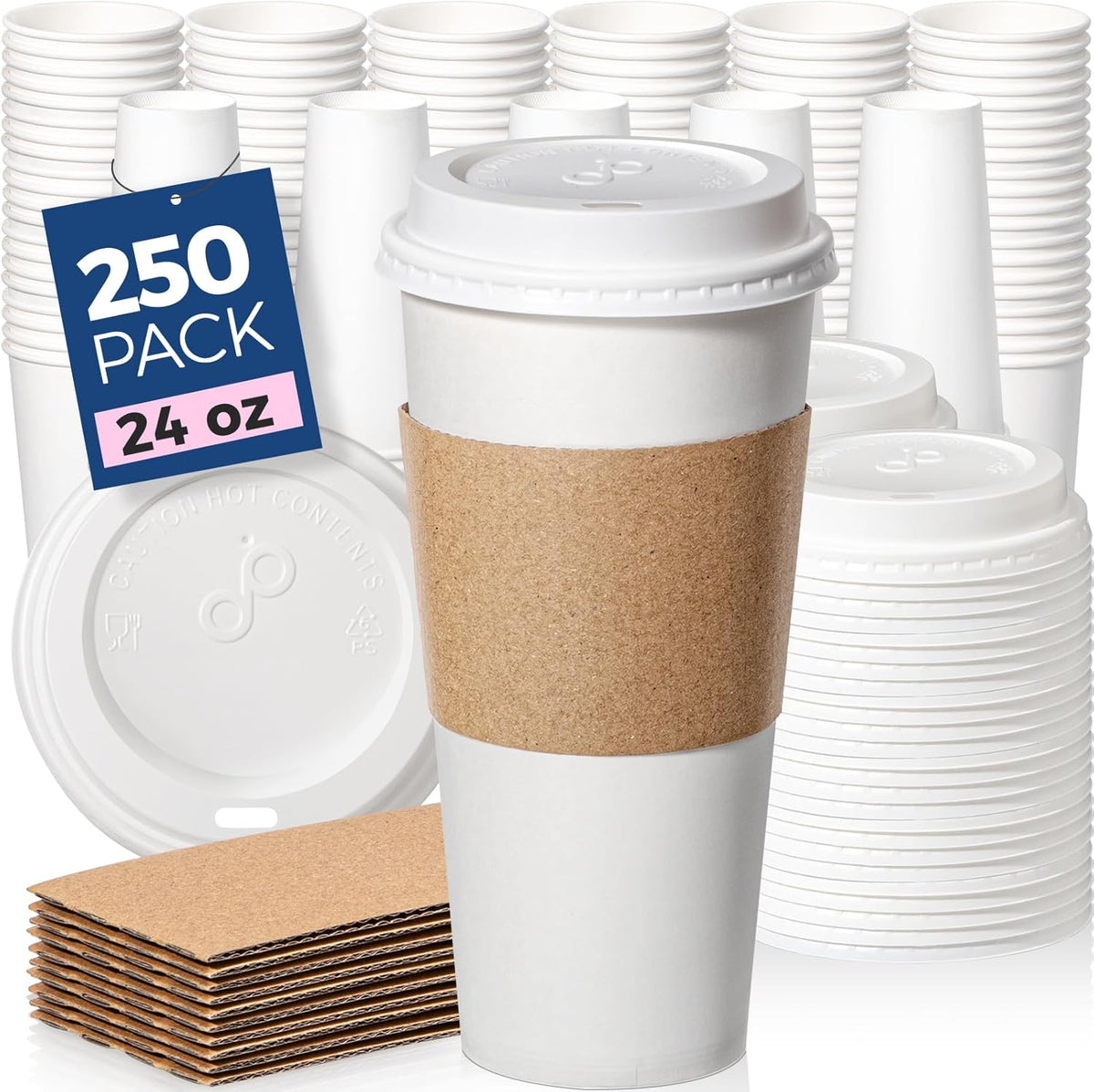 Fit Meal Prep 250 Pack 24 oz Disposable Coffee Cups with Lids, Sleeves, Leak-Proof To Go Coffee Cups with Lids, Durable Hot Paper Cups for Home, Office, Party, Business