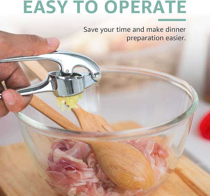 GD Premium Garlic Press Set – Rust-Proof Stainless Steel Garlic Mincer Tool – Easy-Squeeze, Easy-Clean with Soft Ergonomic Handle – Dishwasher Safe, Includes Silicone Peeler & Brush (Imperial Silver)