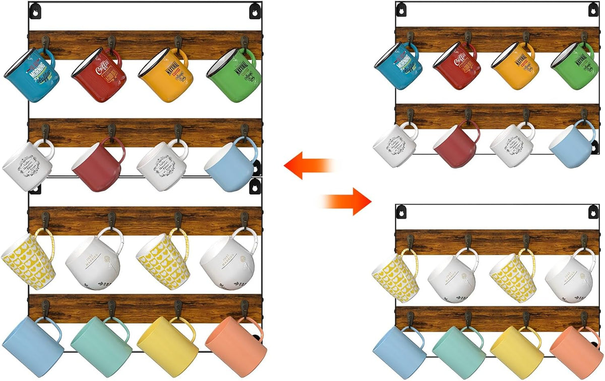 Coffee Mug Holder Rack Organizer - Wall Mounted Rack to Hold Up to 16 Mugs (2Pack), Rustic Wood Cup Organizer Rack & Display Shelf for Kitchen, Coffee Bar, Home, Office