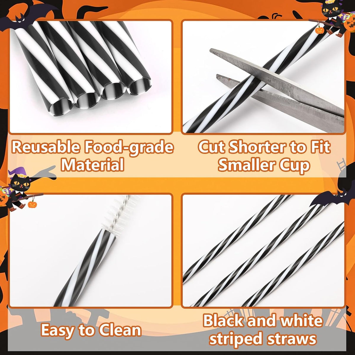 JANYUN 30 Pcs Halloween Straws Plastic, Reusable Black and White Striped 9 Inch Hard Plastic Drinking Straws with Cleaning Brush for Christmas Halloween Birthday Party Supplies Table Decorations
