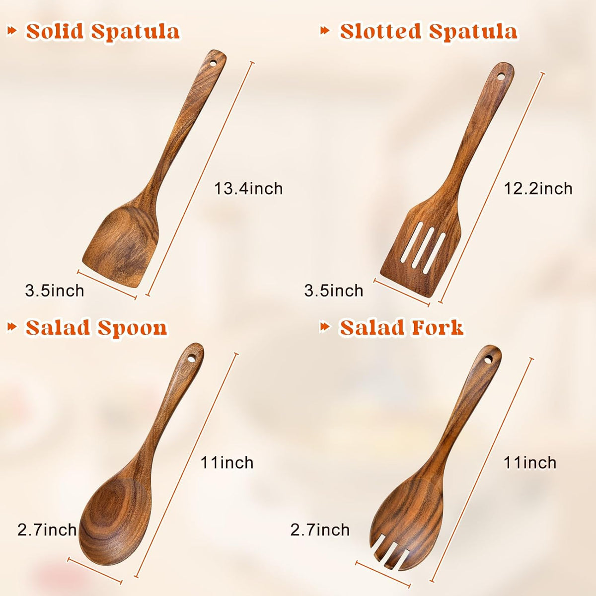 4Pcs Wooden Spoons for Cooking, Acacia Wood Kitchen Utensils Set for Nonstick Pans, Smooth Finish Cooking Utensils with Long Handle, Wooden Spatula for Cooking, Mixing, Baking