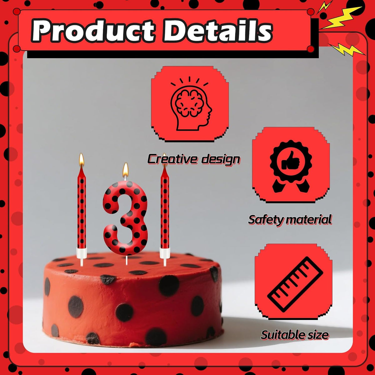 13PCS Ladybug Theme Birthday Candles Set - Red & Black Polka Dot Decorative Candles for Kids Ladybug Themed Parties, Baby Showers, Birthday Cakes, and Ladybird Inspired Celebrations(Number 3)