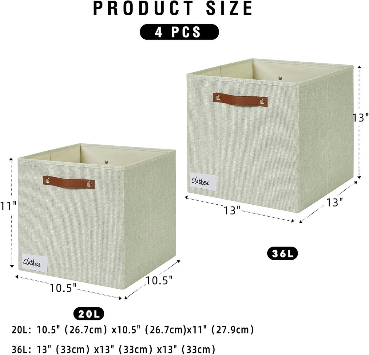Collapsible Fabric Storage Cube Bins with 2 Reinforced PU Handles, Foldable Storage Organizer Baskets for Closet, Shelves, Living Room | 13"x13"x13", 4 Pack, Sage Green