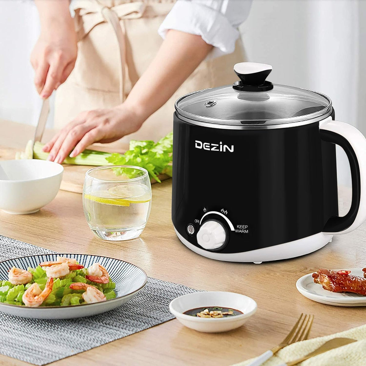 Dezin Hot Pot Electric with Steamer, Rapid Noodles Cooker, Stainless Steel Electric Pot 1.6 Liter, Perfect for Ramen, Egg, Dumpling, Soup, Oatmeal with Temperature Control and Keep Warm Function