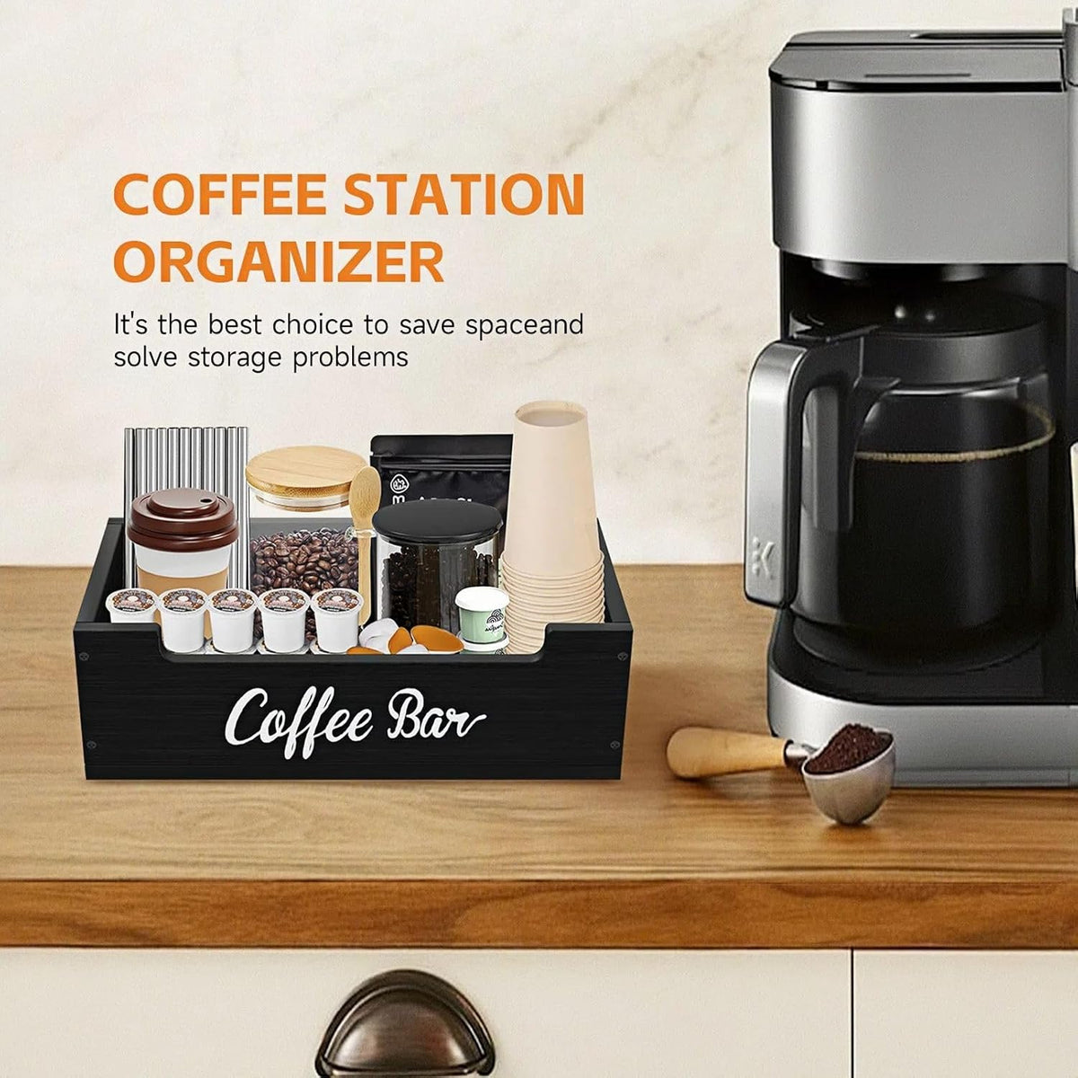 Coffee Pod Bar Station Wooden 13" X 7" X 4" Organizer Box for Countertop, Counter Top Tea Espresso Cup Wood Storage Box, Black