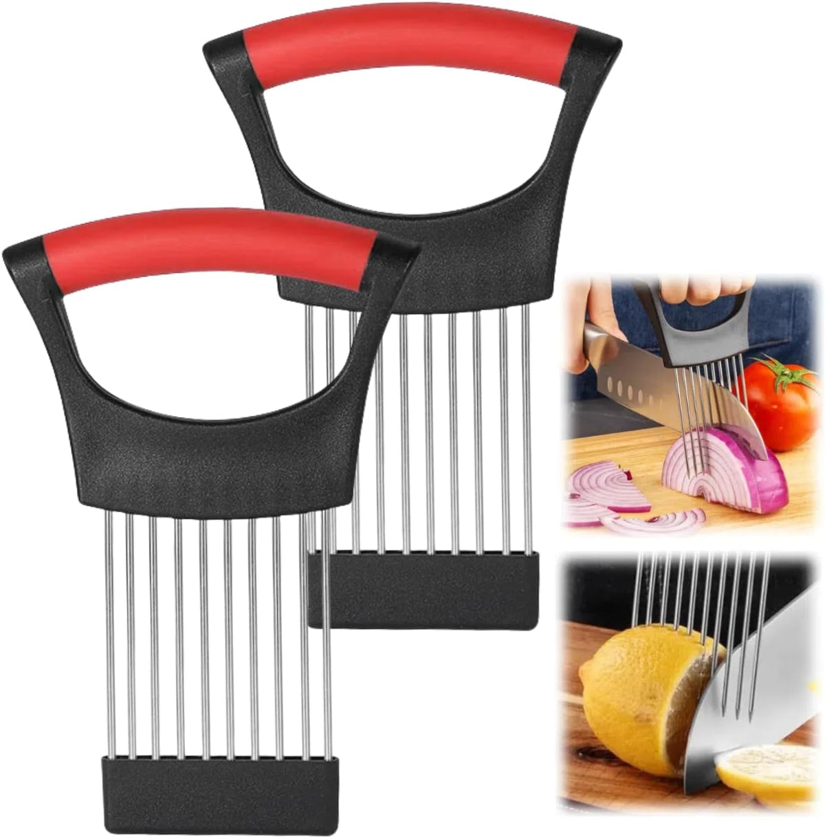 Onion Slice Holder, 2024 New Stainless Steel Holder for Slicing, Chopper Assistant Tool, Cutter for Meat, Onion, Potato, Tomato Kitchen Gadgets (Red, 2 Pack)