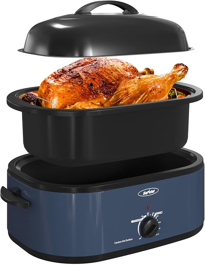 Sunvivi Roaster Oven, Electric Roaster Oven with Self-Basting Lid, 24lb 20-Quart Turkey Roasters with Unique Defrost/Warm Function, Large Roaster with Removable Pan & Rack, Stainless Steel, Blue