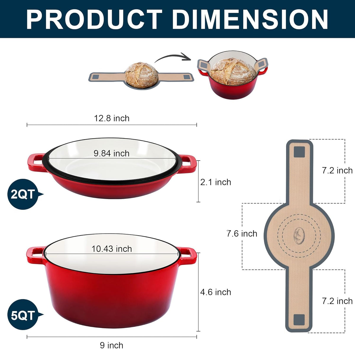 E-far 5 Quart Enameled Cast Iron Dutch Oven, 2 in 1 Dutch Oven Pot with Skillet Lid and Silicone Bread Sling, Ideal for Bread Baking, Cooking, Stewing, Frying, Induction & Oven Safe - Red