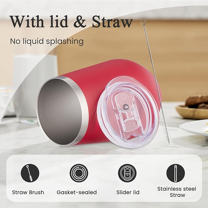 MEWAY 12oz Stainless Steel Wine Tumbler with Lid and Straw - Double Wall Vacuum Stainless Steel Coffee Mug, Gift for Woman Under 10 dollars(Red,1)
