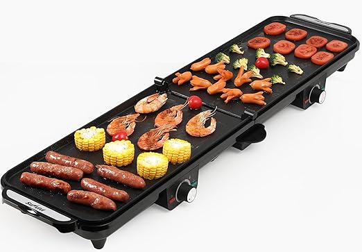 Electric Griddle Indoor, 1600W Large Flat Top Grill with 17.5" x 9" Nonstick Plates, 2 Cooking Zone with Adjustable Temp, Pancake Egg Maker with Drip Tray, Indicator Light