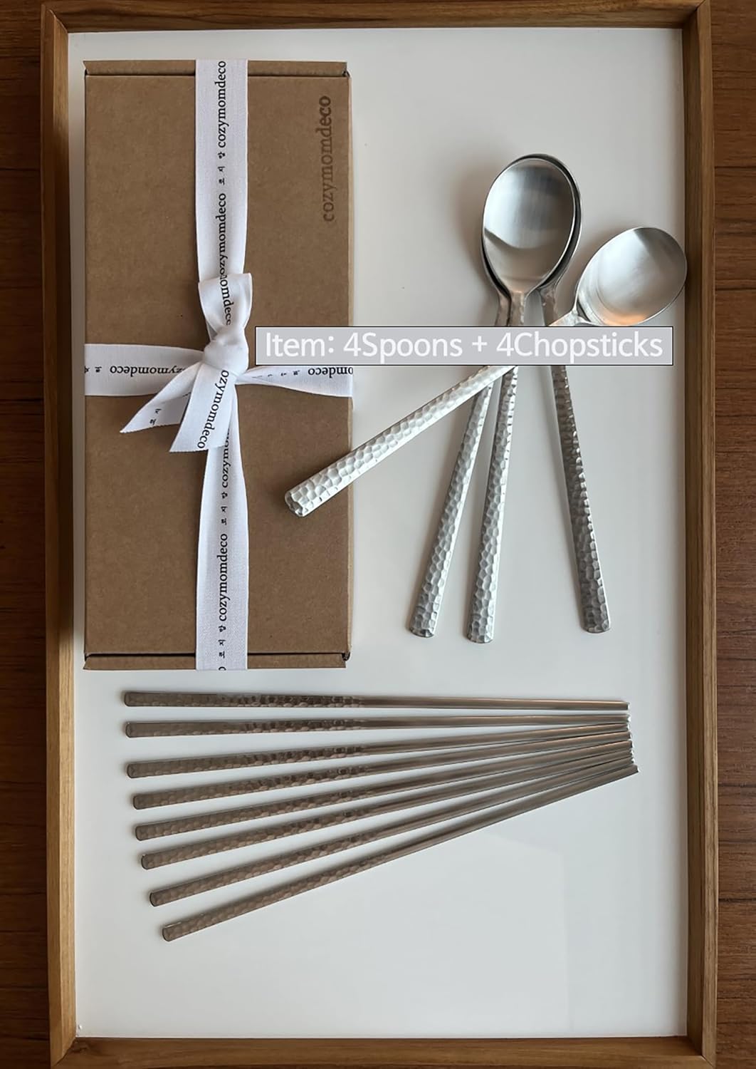 Korean Made Silver Glossy Hammered Stainless Steel Korean Spoon & Chopstick SET Gift for Mom (4SET)