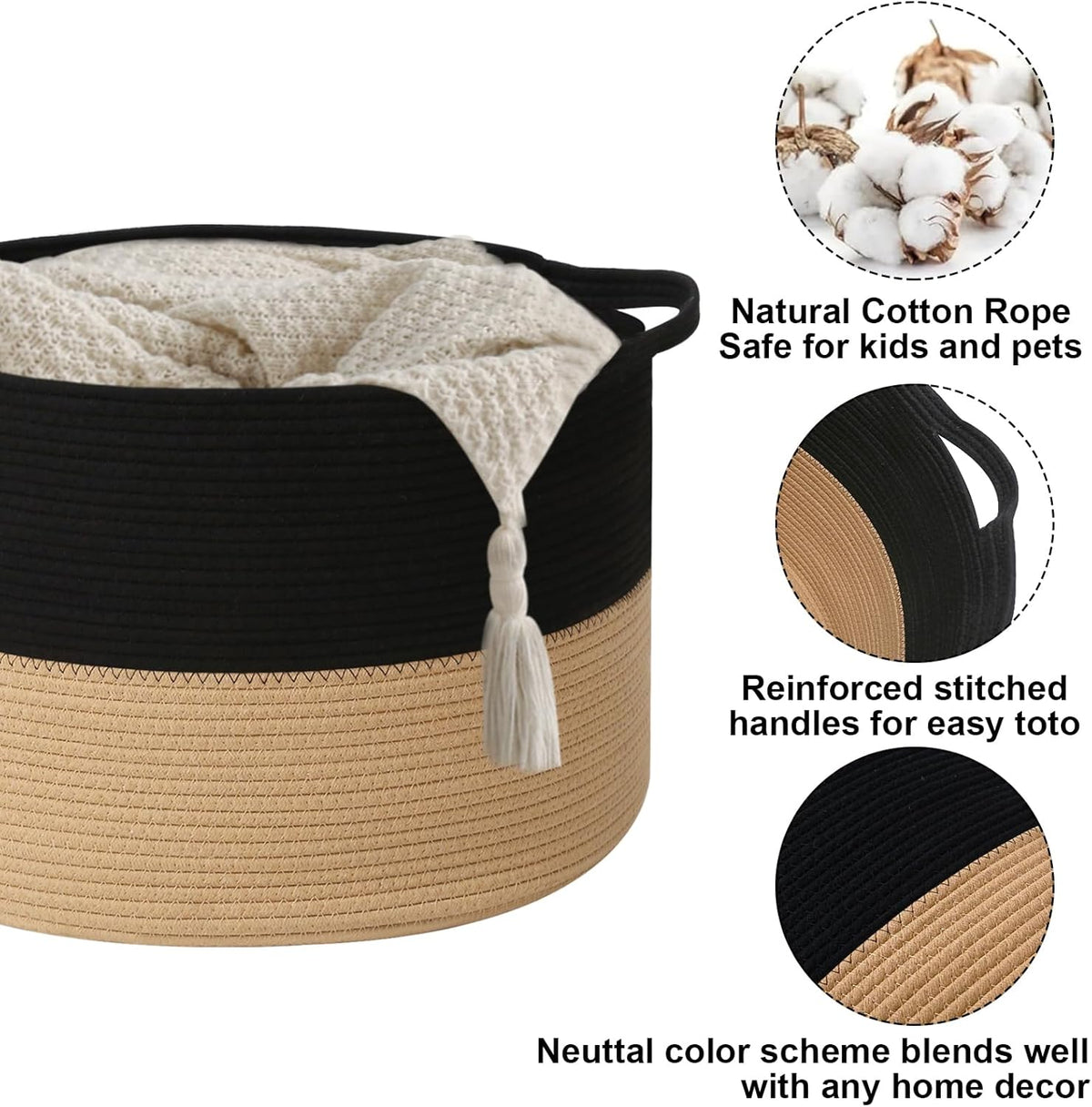 Large Blanket Basket for Organizing,65L Closet Organizers and Storage Bins Box for Shelves Woven Rope Storage Baskets,Living Room,Bedroom,Dorm,Laundry room (Black&Camel)