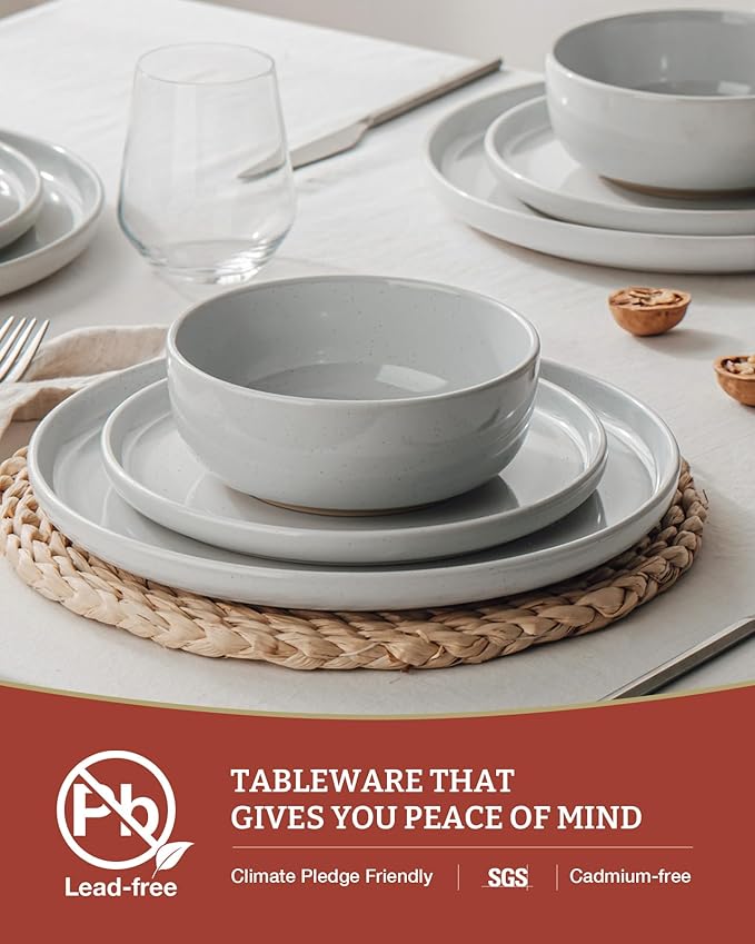 Famiware Milkyway Dinnerware Sets, 24 Piece Dish Set, Plates and Bowls Sets for 8, Light Gray