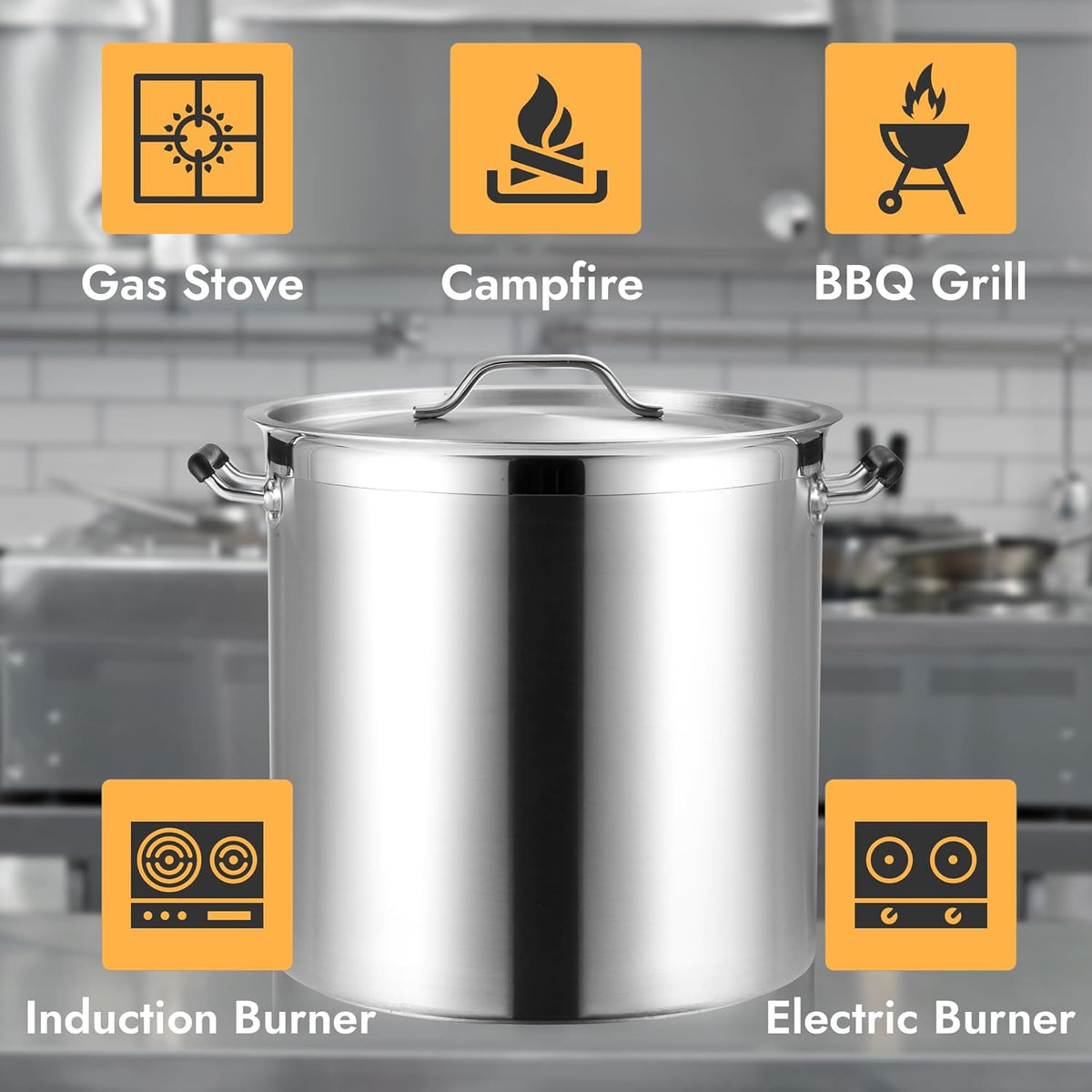 CURTA 50 Quart Large Stock Pot with Lid, NSF Listed, Induction Ready, 3-Ply Clad Base, 18/8 Stainless Steel Cooking Pot, Commercial Cookware for Soup, Stew & Sauce, Riveted Silicone Handle