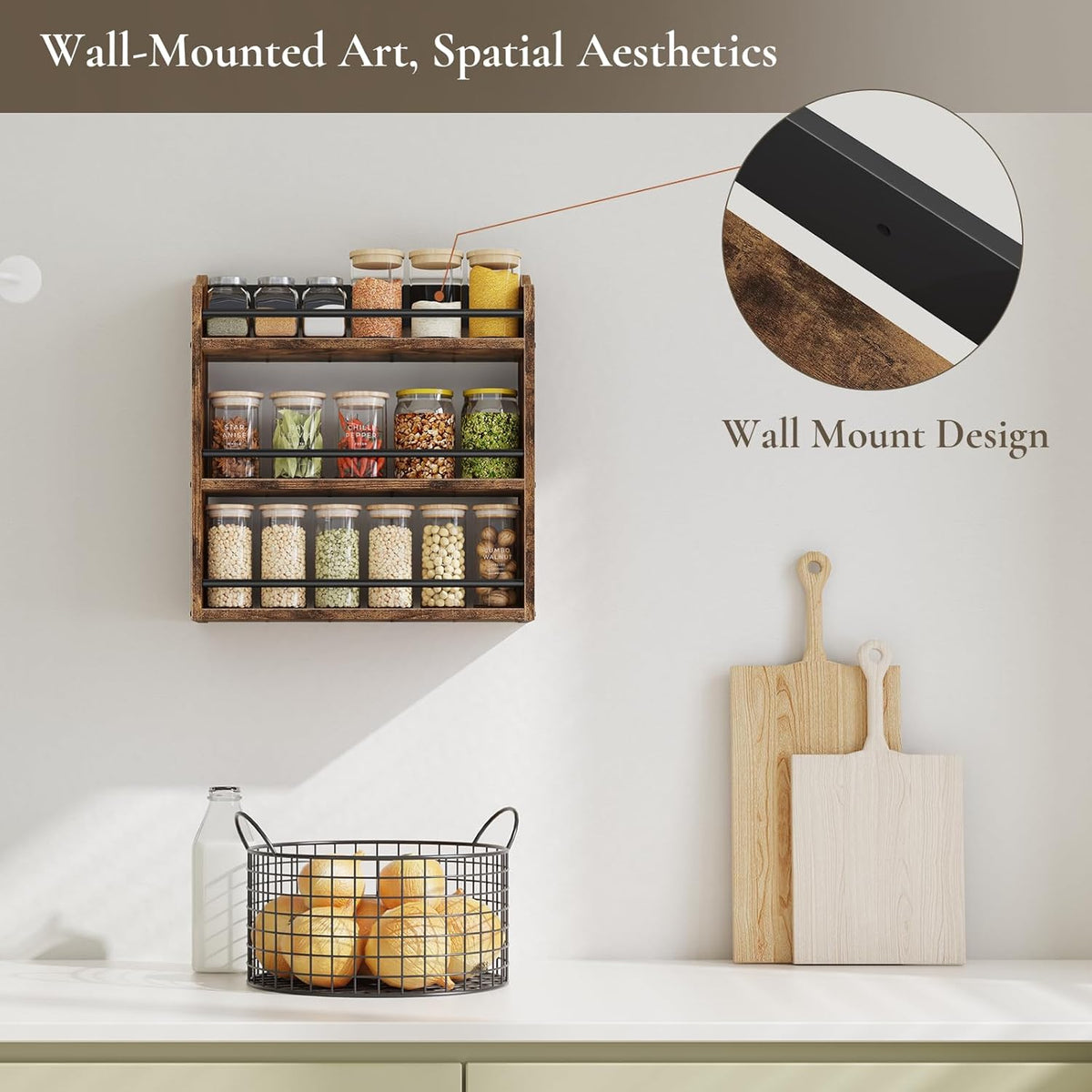Spice Rack Wall Mounted, Wood 3 Tier Spice Rack for Countertop, Vertical Spice Organizer for Spice Jars and Seasonings, Hanging Spice Shelf for Kitchen Cabinet, or Pantry, Rustic Brown