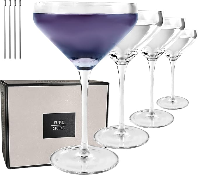 MORA PURE The Remy Coupe - Set of 4, 8oz Handblown Premium Crystal Martini Glasses for Cocktail, Gin & Tonic, Cosmopolitan, Manhattan, Bar, Fancy Mixology, etc. Modern Angle Drinking Glassware