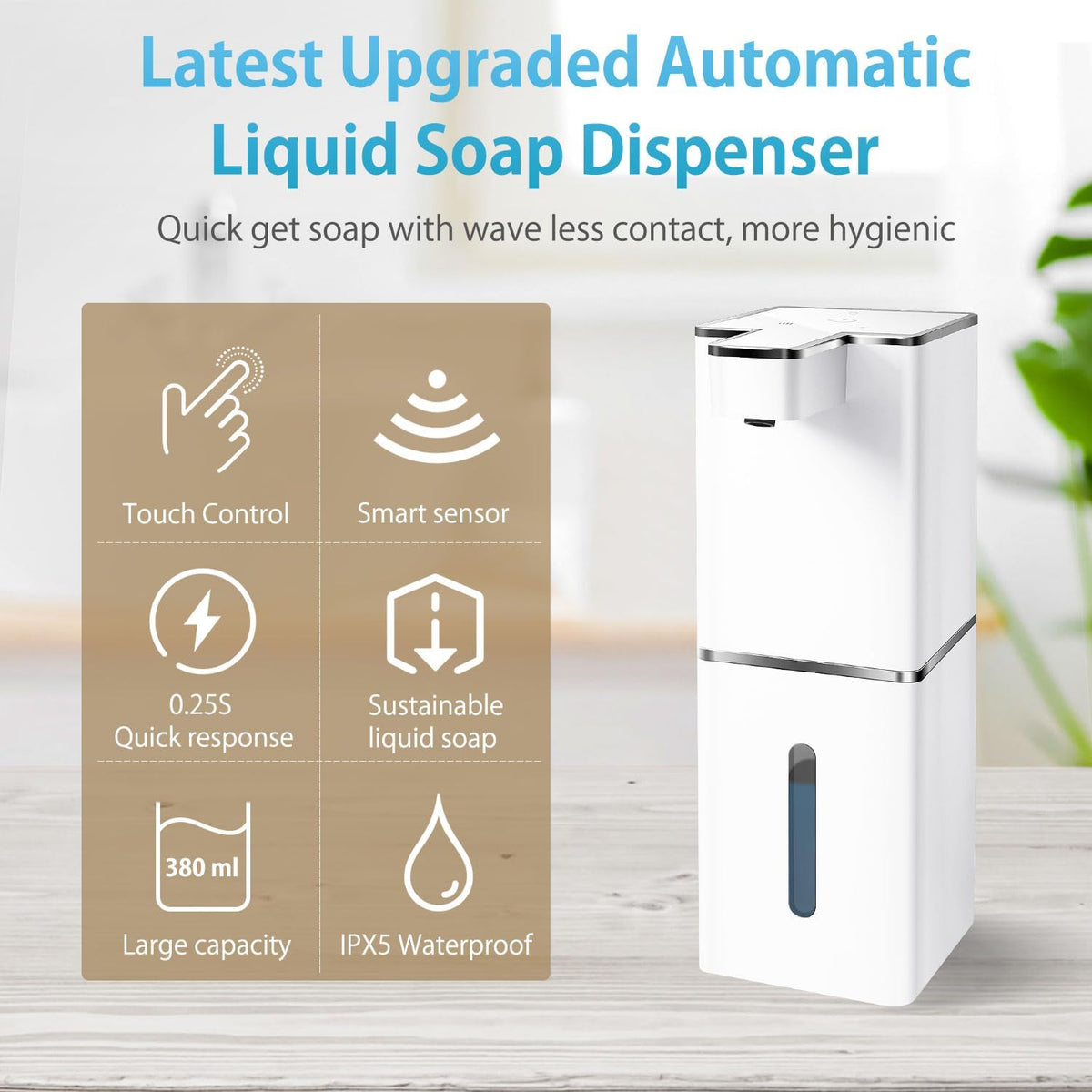 Automatic Liquid Soap Dispenser Touchless Soap Dispenser 380ml/12.8oz Rechargeable, Wall Mounted,4 Levels Adjustable Auto Soap Pump for Bathroom Kitchen Dish Soap