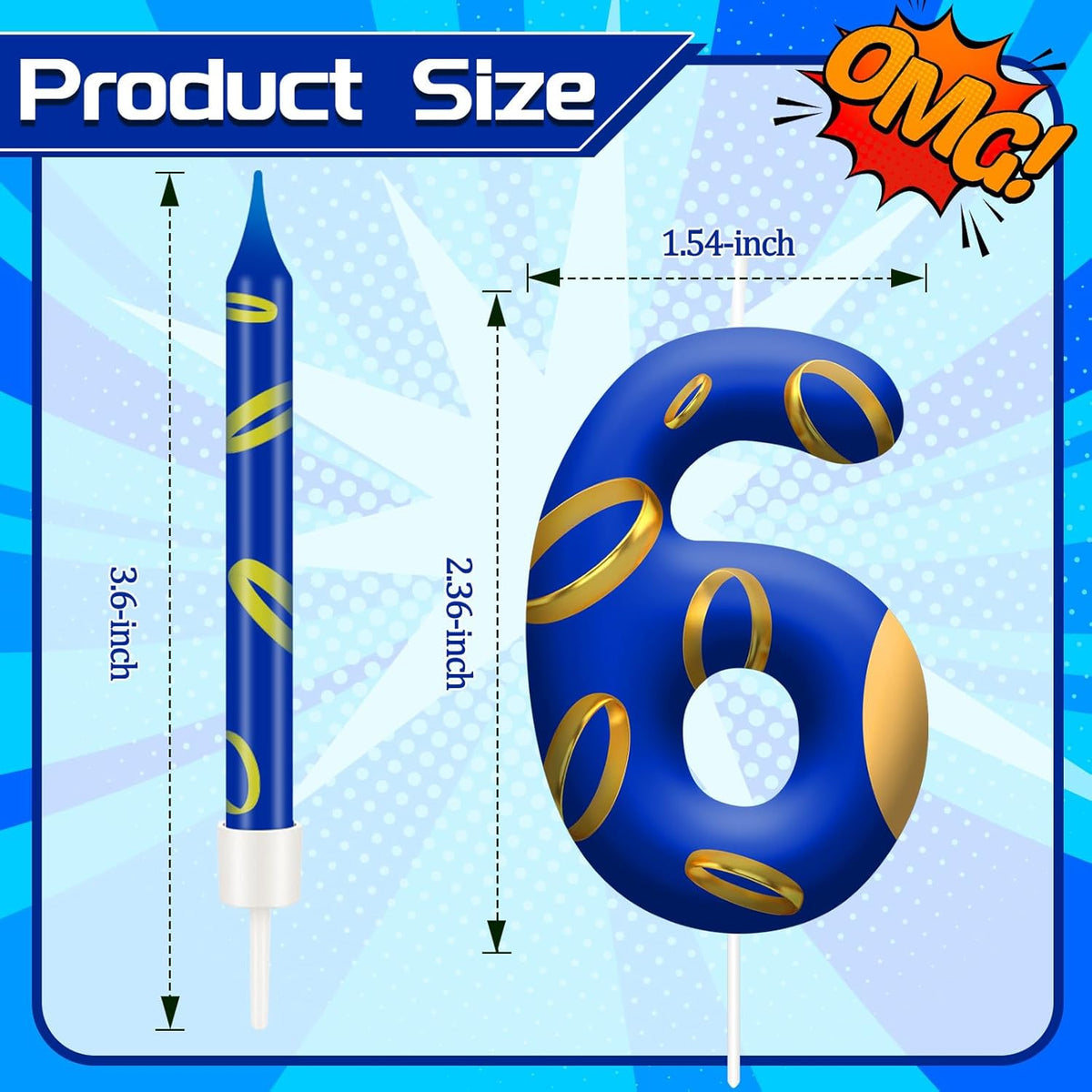 13PCS Birthday Cake Candles Set - Blue and Golden Ring Number Candles with Vibrant Designs for Boys & Girls, Theme Birthday Party Decorations, Cake Toppers for Theme Parties(Number 6)
