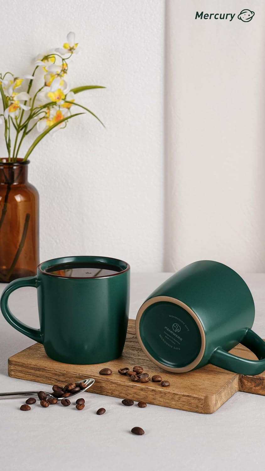 famiware Mercury Coffee Mugs 13 oz, Coffee Mugs Set of 4 with Handle, Cups for Latte, Hot Tea, Cappuccino, Mocha, Cocoa, Dark Green