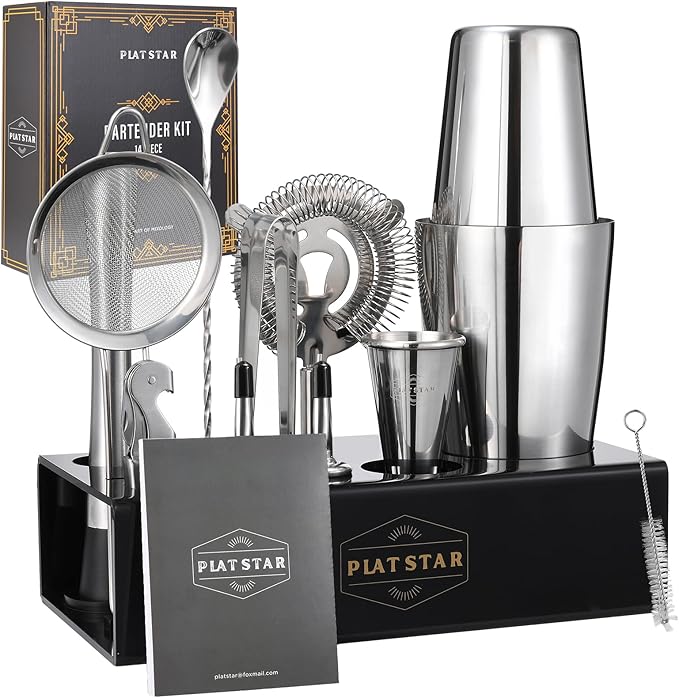 Mixology Bartender Kit with Stand, Home Bar Set Cocktail Shakers Bartending Kit, Bar Tools Boston Shaker Set, Professional Drink Mixing Martini Making Barware with Recipe Book
